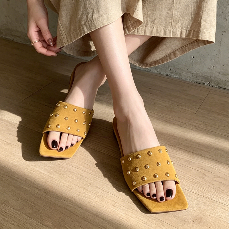 Women Shoes Size 7 - Kadın Kare Burunlu Terlik Düz Sandalet