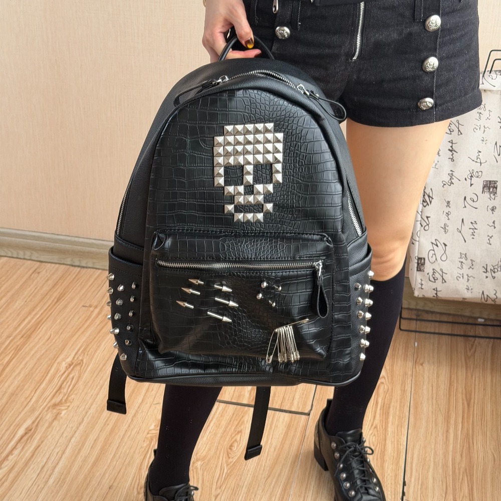 Women Shoes Zipper - Orijinal Siyah Timsah Desenli Kafatası Perçin