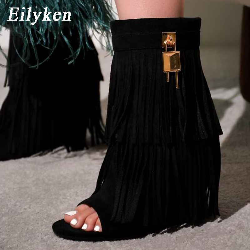 Women Shoes Zipper - Eilyken Tasarımcı Saçaklı Takozlar Çizme Sandalet